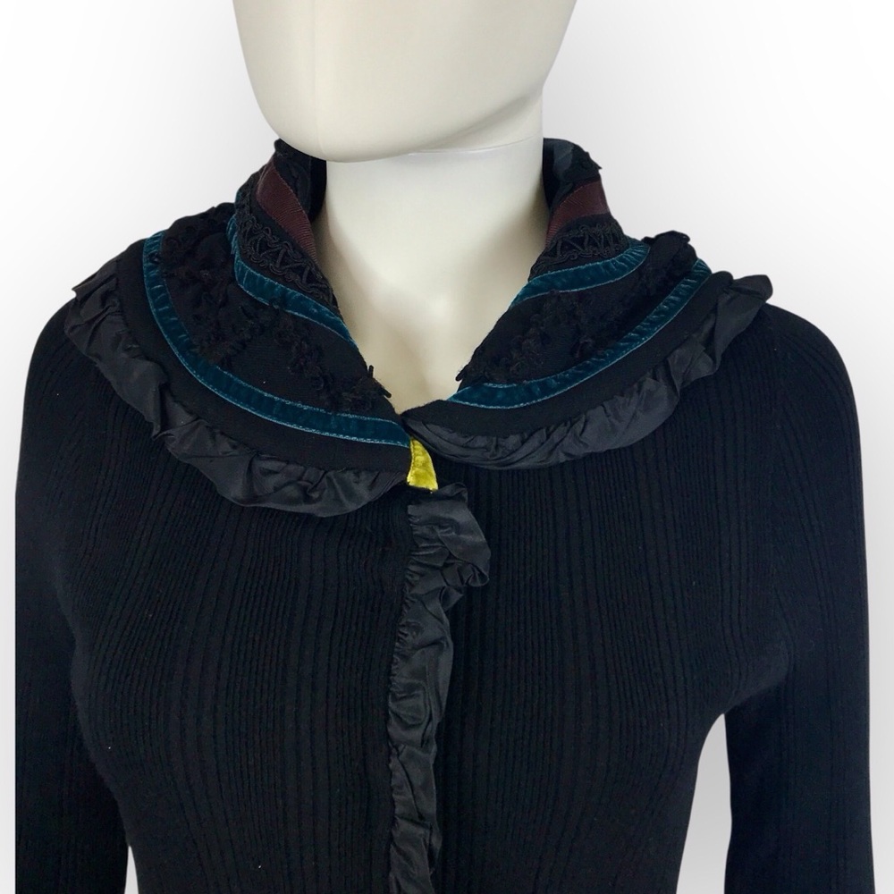 Etro Black & Teal Ruffled Cardigan Soft Angora Lace & Ribbon Detail M/44/8 - Picture 3 of 12